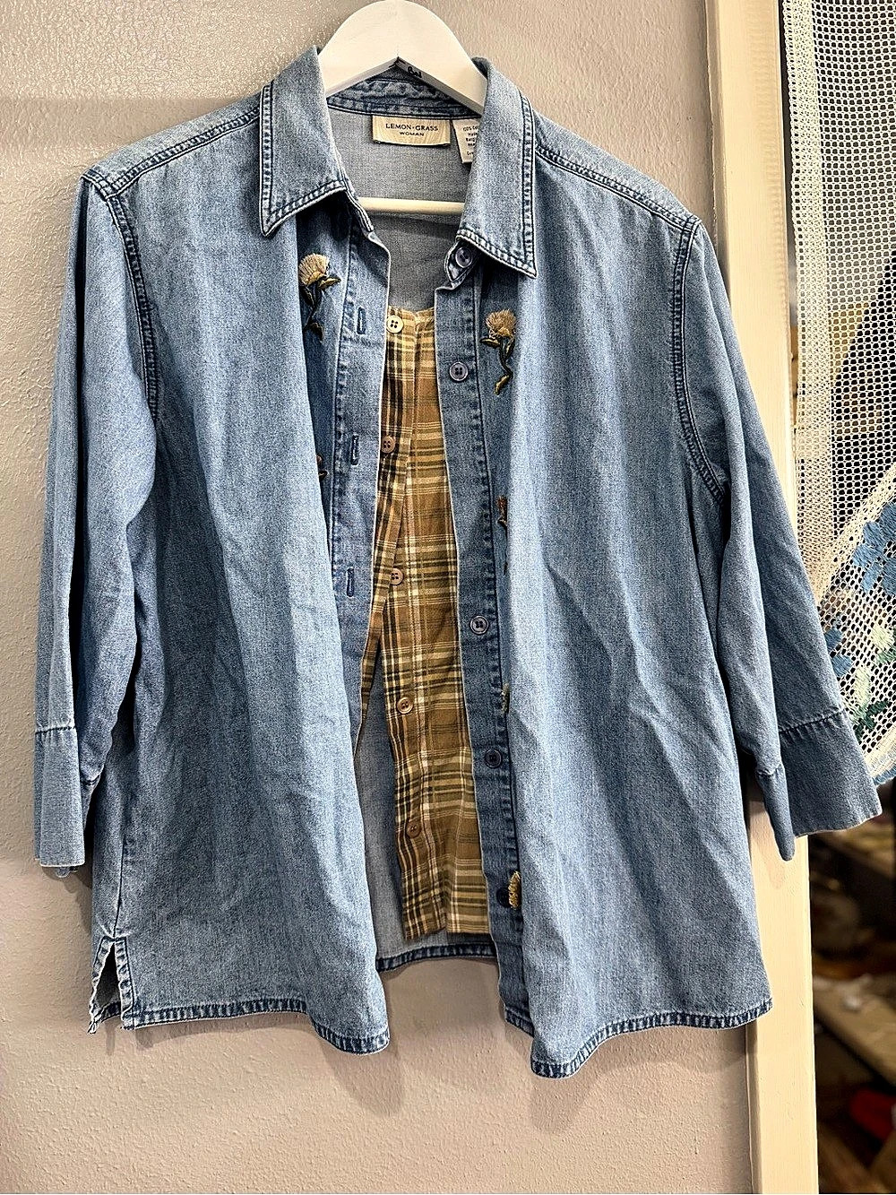 Lemon Grass Embroidered Plaid-Panel Button Down Size 18